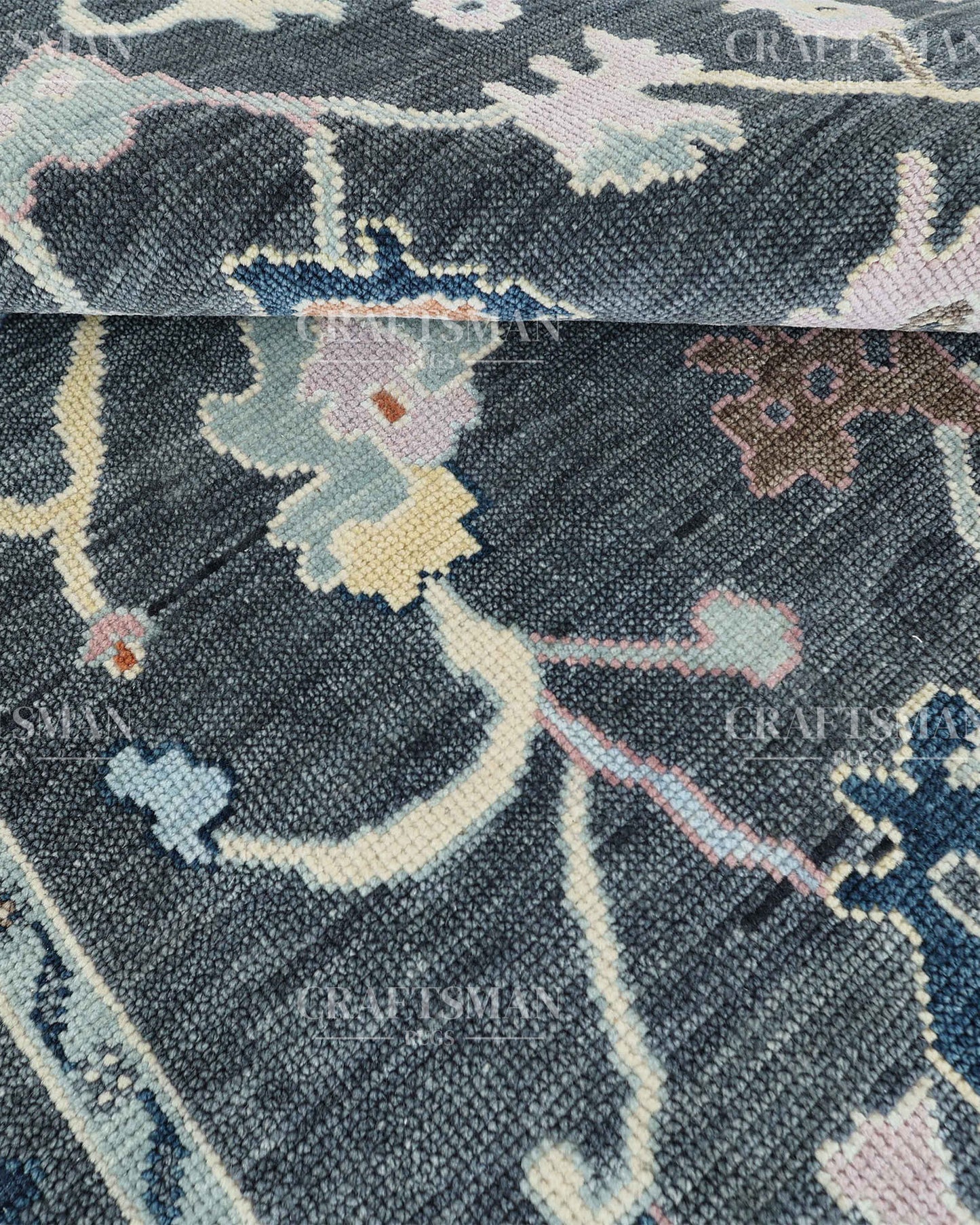 Noirva Oushak-Inspired Charcoal Hand-Knotted Wool Rug – Vintage Botanical Design | Made to Order | Craftsman Rugs Exclusive