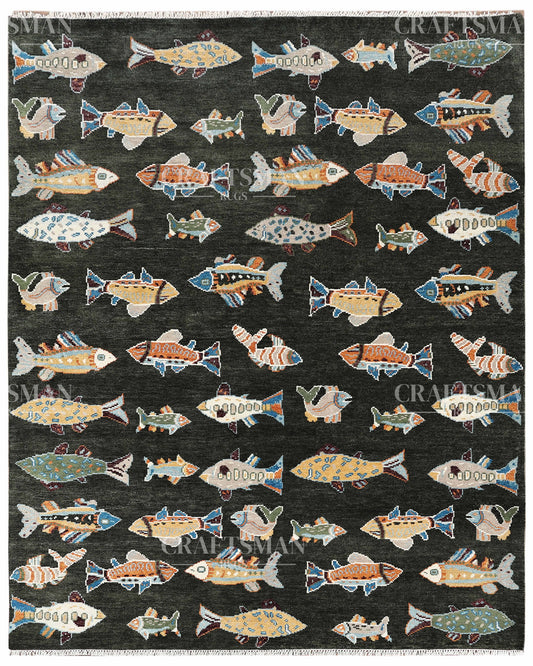 Marino Coastal Fish Hand-Knotted Wool Rug – Dark Charcoal Statement Design | Made to Order | Craftsman Rugs Exclusive