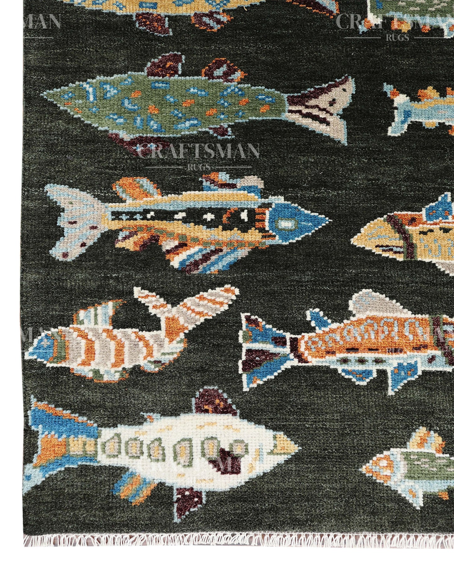 Marino Coastal Fish Hand-Knotted Wool Rug – Dark Charcoal Statement Design | Made to Order | Craftsman Rugs Exclusive