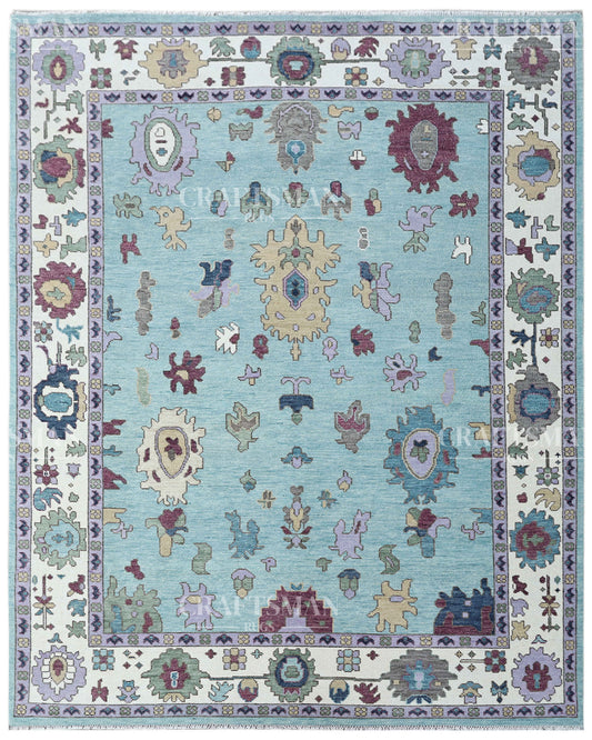 Aurora Oushak Hand-Knotted Wool Rug – Vintage Aqua Blue & Ivory Floral Tribal Design | Handmade Luxury Area Rug | Custom Size
