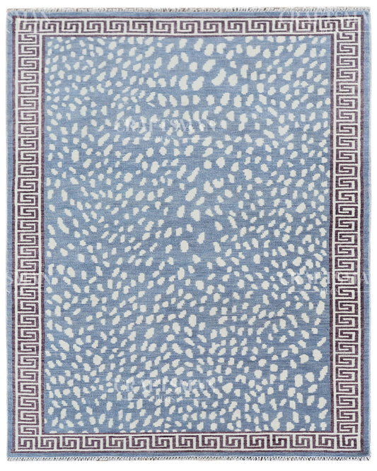 Luna Hand-Knotted Wool Rug – Modern Sky Blue & Ivory Abstract Greek Key Border Design | Handmade Luxury Area Rug | Custom Size