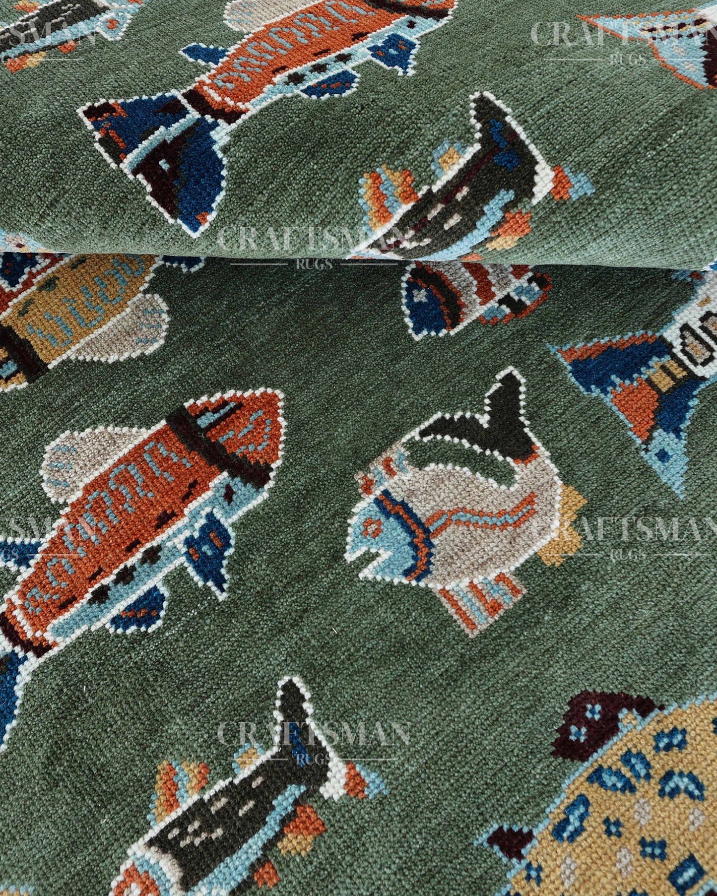 Marina Hand-Knotted Wool Rug – Sage Green Multicolor Fish Pattern Design | Handmade Luxury Kids & Coastal Area Rug | Custom Size