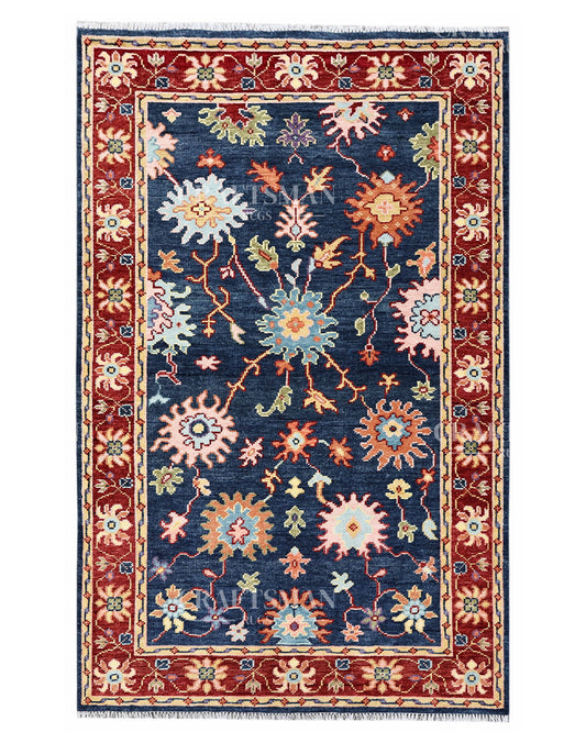 Royal Garden Oushak Hand-Knotted Wool Rug – Vintage Navy Blue & Rust Floral Design | Handmade Luxury Area Rug | Custom Size