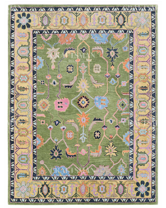 Hand Tufted Wool Rug – Oushak Inspired Green Floral Design – Custom Made Cut Pile Area Rug