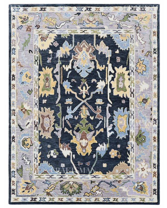 Royal Oushak Inspired Hand Tufted Wool Rug – Navy & Lavender Floral Design