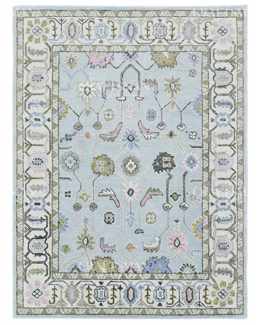 Oushak Inspired Hand Tufted Wool Rug – Sky Blue Pastel Floral Design