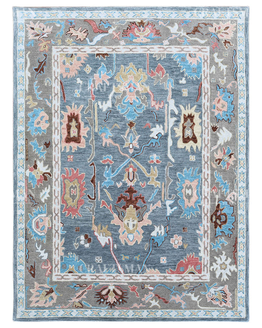 Oushak Inspired Hand Tufted Wool Rug – Slate Blue & Grey Floral Design