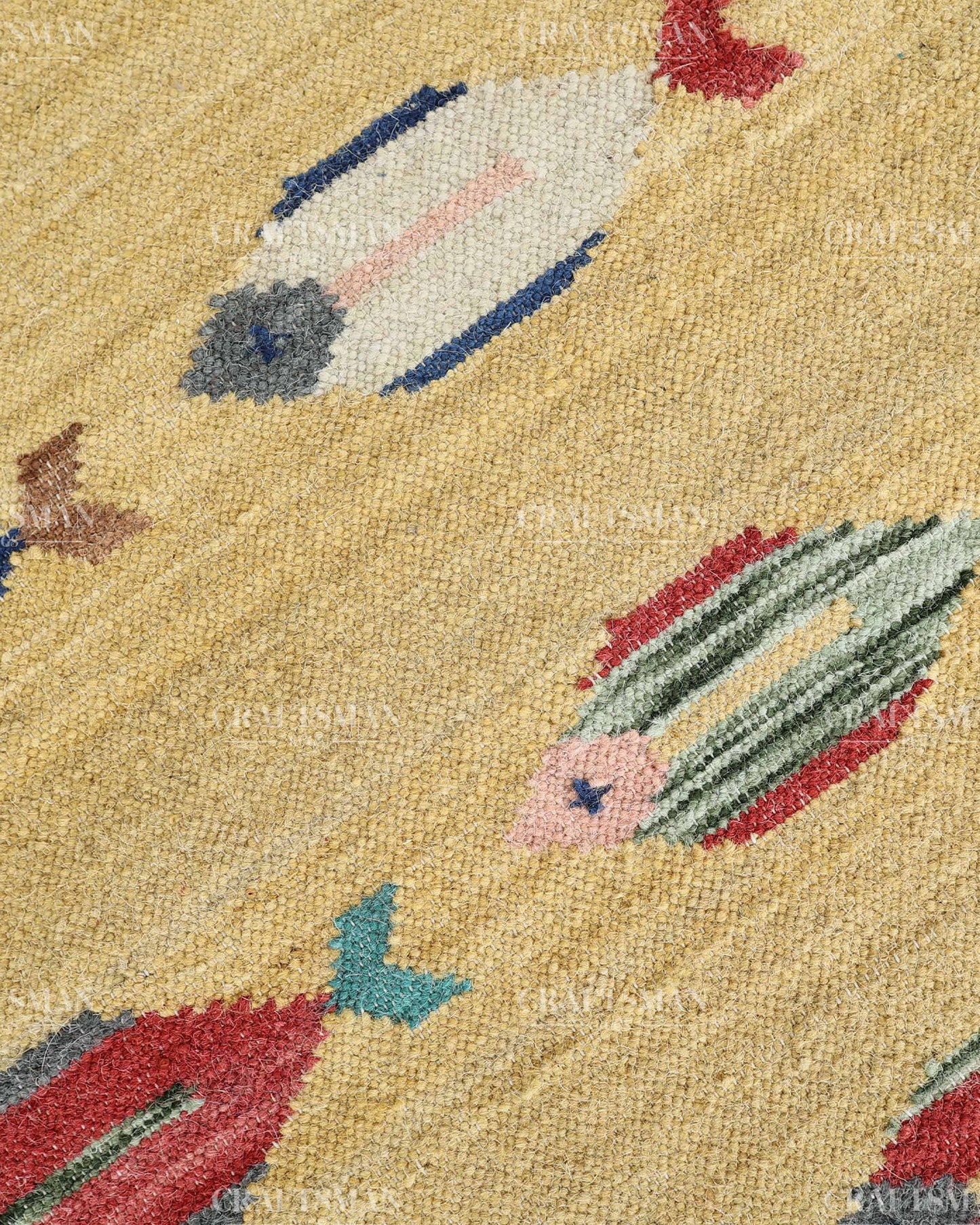 Handwoven Yellow Flatweave Dhurrie Area Rug | Handmade Wool Kilim Rug with Colorful Fish Motif | Coastal Farmhouse Boho Living Room Bedroom Carpet
