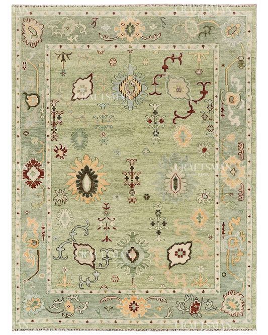 Hand Knotted Vintage Oushak Style Rug – Sage Green Floral Multicolor Wool Area Rug