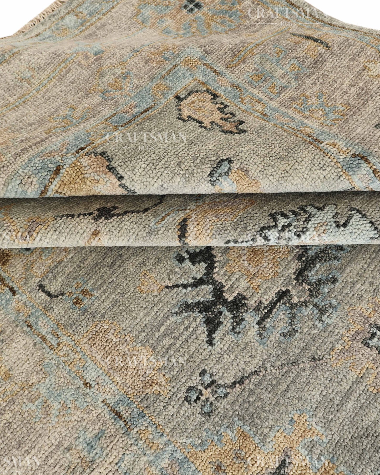 Hand Knotted Vintage Oushak Style Rug – Blue Gray Floral Distressed Wool Area Rug