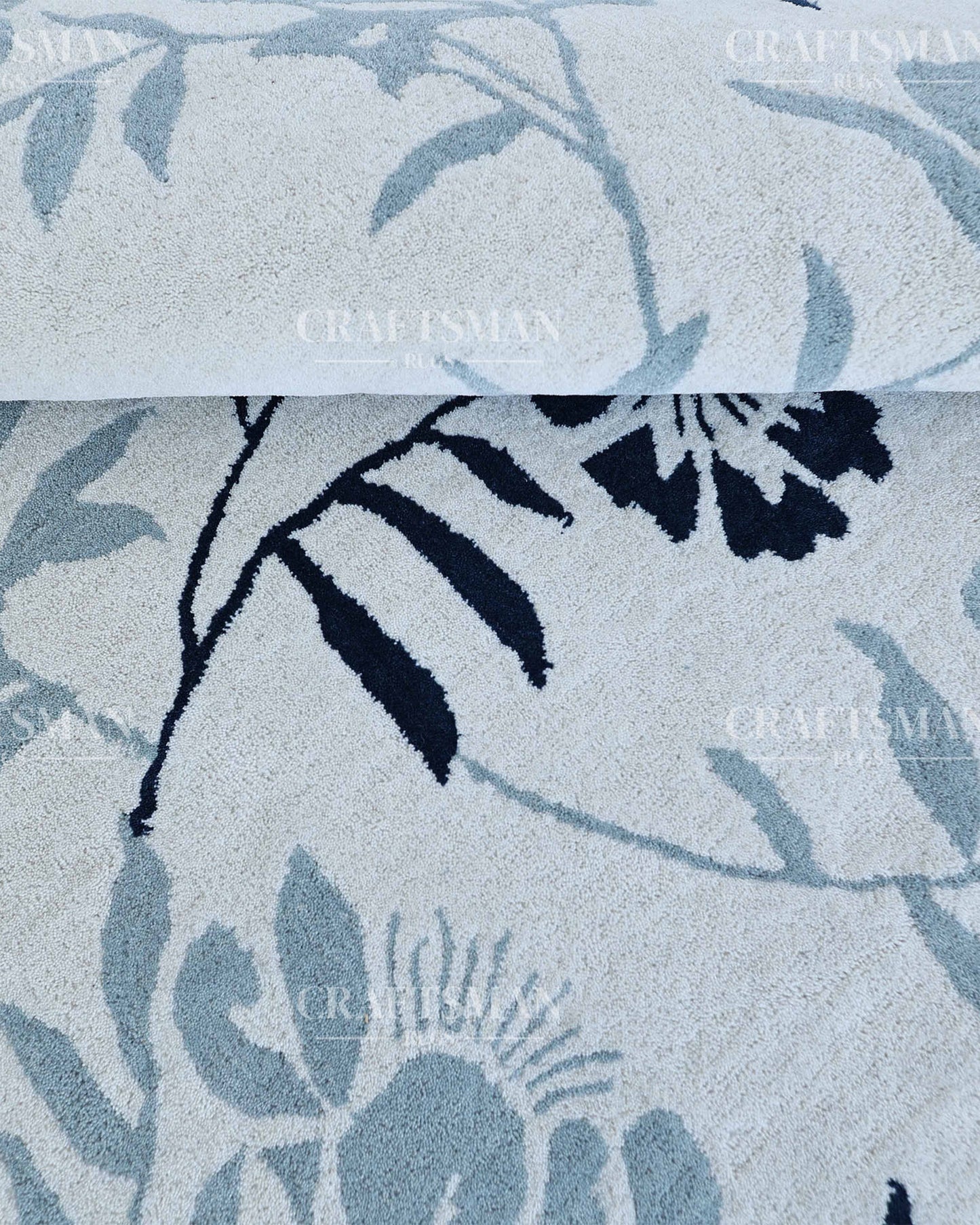 Hand Tufted Cut Pile Rug – Blue Floral Vine Design – Made to Order Premium Wool Area Rug