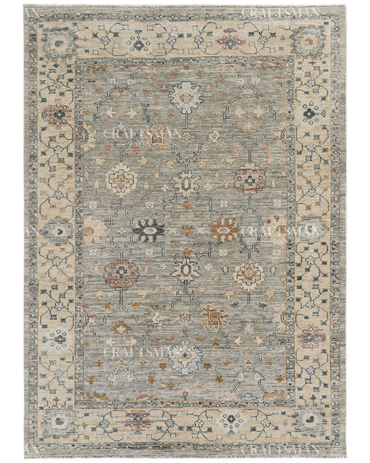 Hand Knotted Vintage Persian Oushak Style Rug – Gray Blue Floral Wool Area Rug