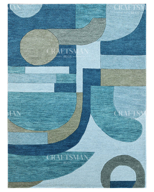 Modern Abstract Hand Tufted Wool Rug – Blue & Teal Geometric Design – Made to Order