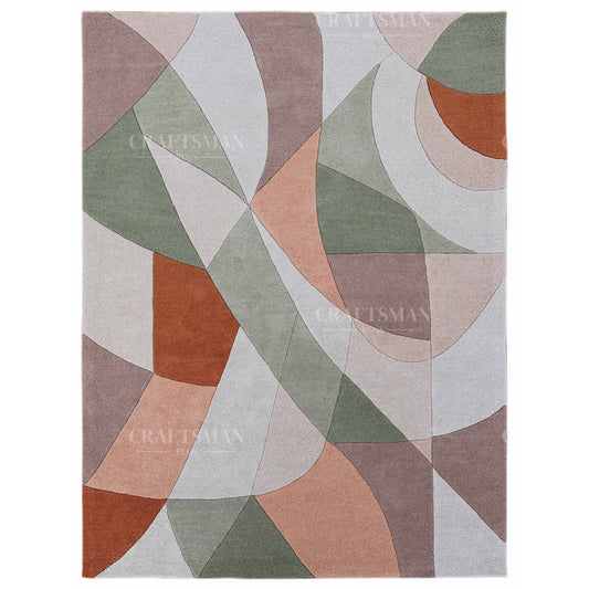 Modern Abstract Area Rug – Geometric Curve Design in Sage Green, Rust & Beige | Soft Contemporary Carpet for Living Room & Bedroom