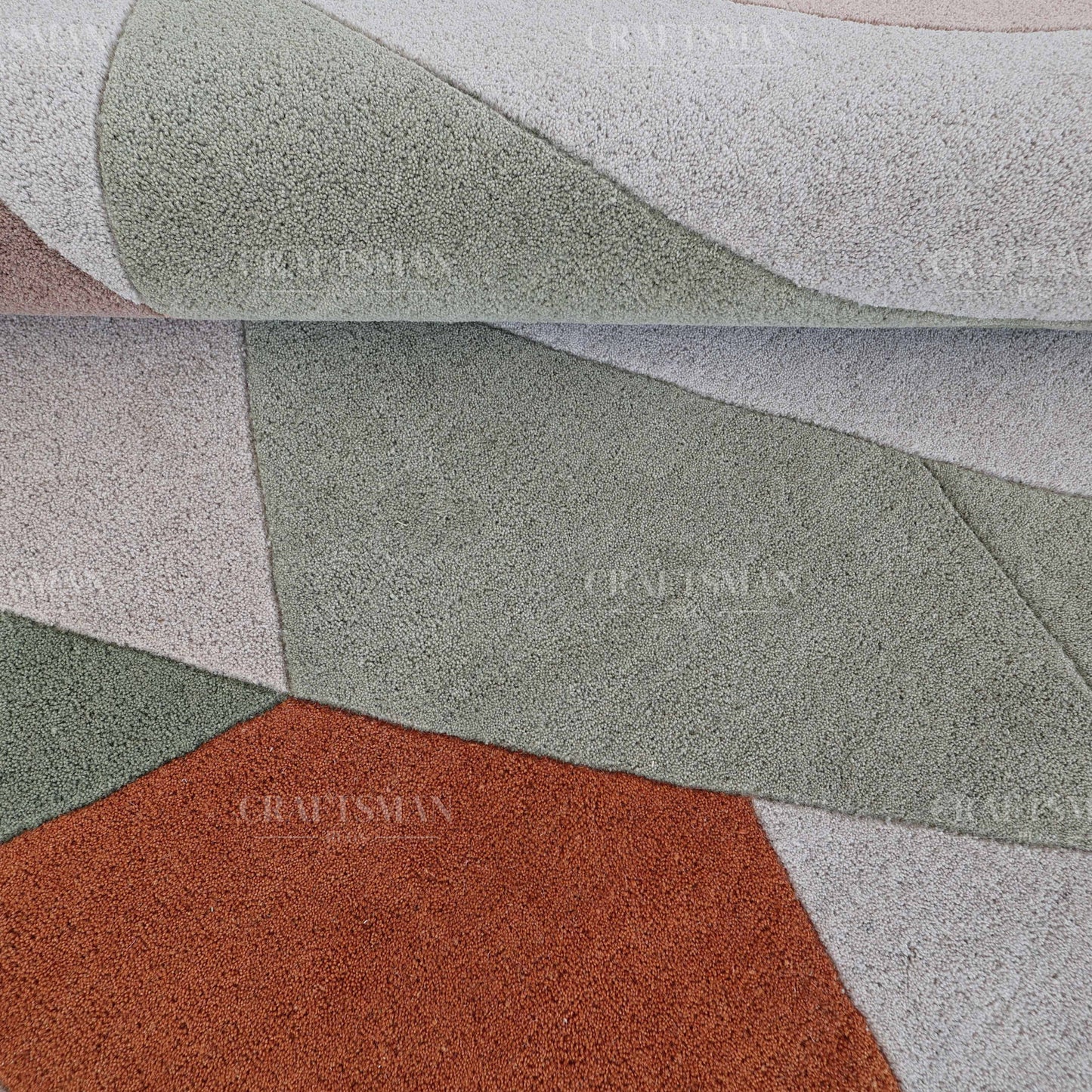 Modern Abstract Area Rug – Geometric Curve Design in Sage Green, Rust & Beige | Soft Contemporary Carpet for Living Room & Bedroom