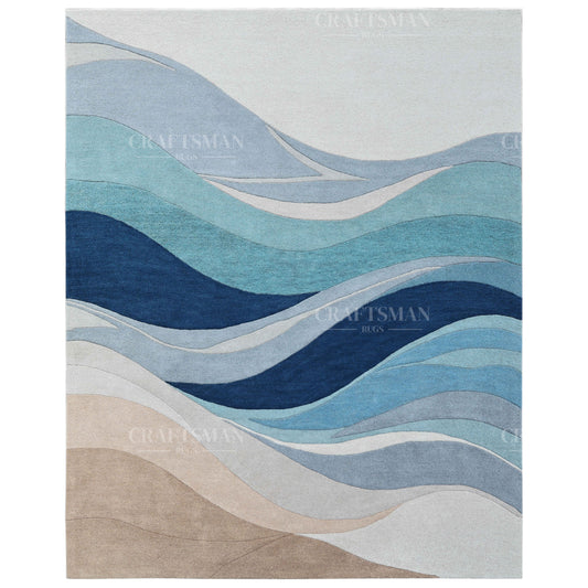 Modern Ocean Wave Area Rug – Blue Gradient Abstract Design with Beige Base | Soft Contemporary Carpet for Living Room & Bedroom