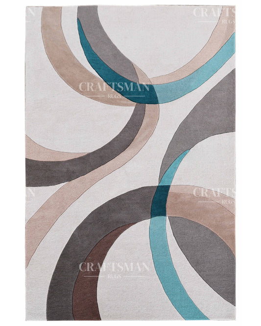Modern Abstract Area Rug – Hand Tufted Wool Carpet with Teal, Beige & Taupe Curves for Contemporary Living Room Decor