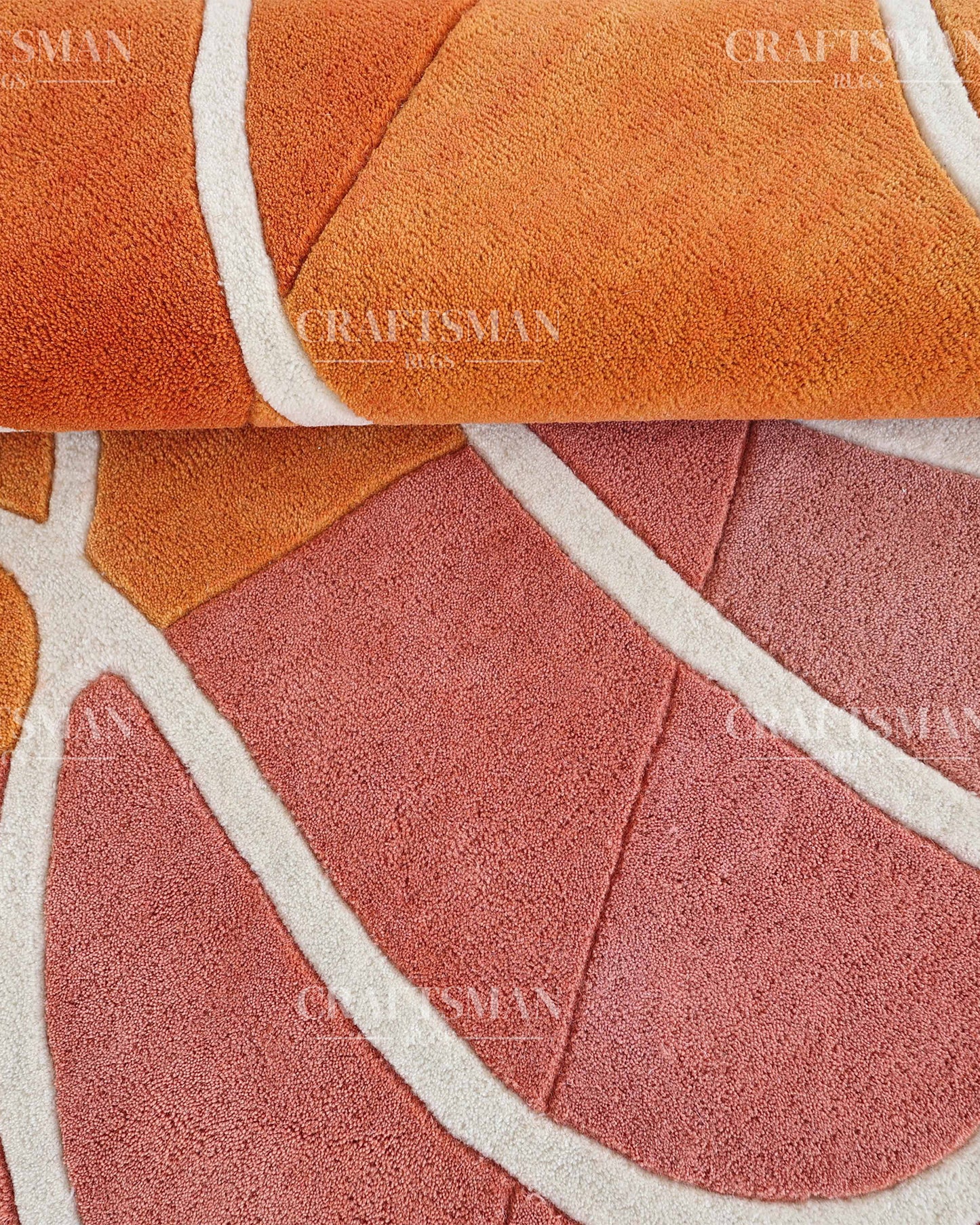 Hand‑Tufted Abstract Gradient Rug – Modern Orange, Peach & Pink Carpet with Flowing White Curves for Artistic Living Room Decor