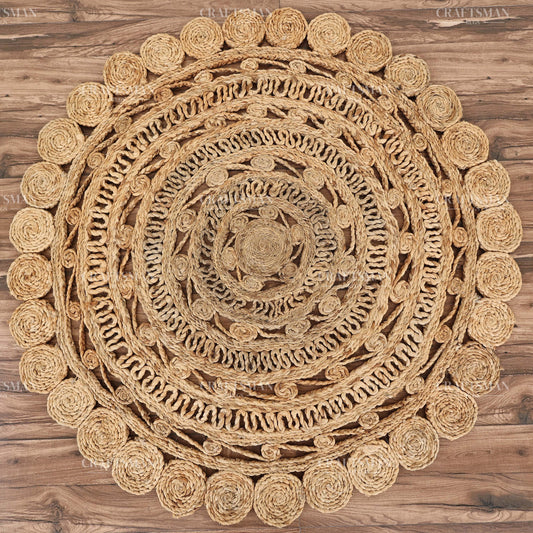 Mandaluxe Round Jute Hand-Woven Natural Rug – Braided Boho Farmhouse Mandala Circle Area Carpet for Living Room Bedroom Entryway
