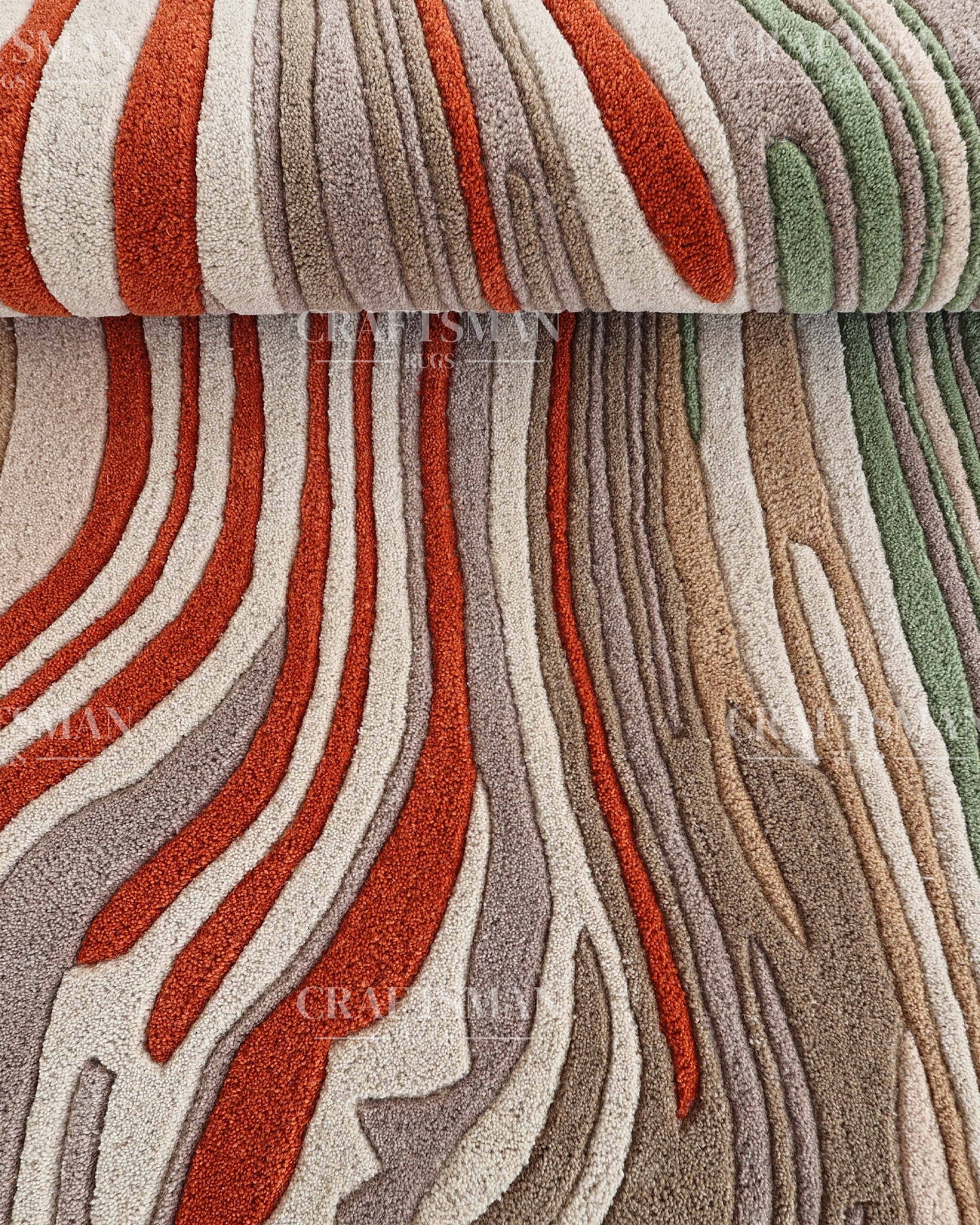 Abstract Hand Tufted Wool Rug – Modern Organic Wave Design Area Carpet in Ivory, Sage Green & Rust Orange for Living Room & Bedroom