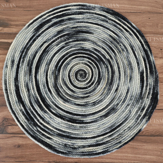Monochrome Round Jute Hand-Woven Natural Rug – Black Ivory Striped Boho Farmhouse Circle Area Carpet for Living Room Bedroom Entryway