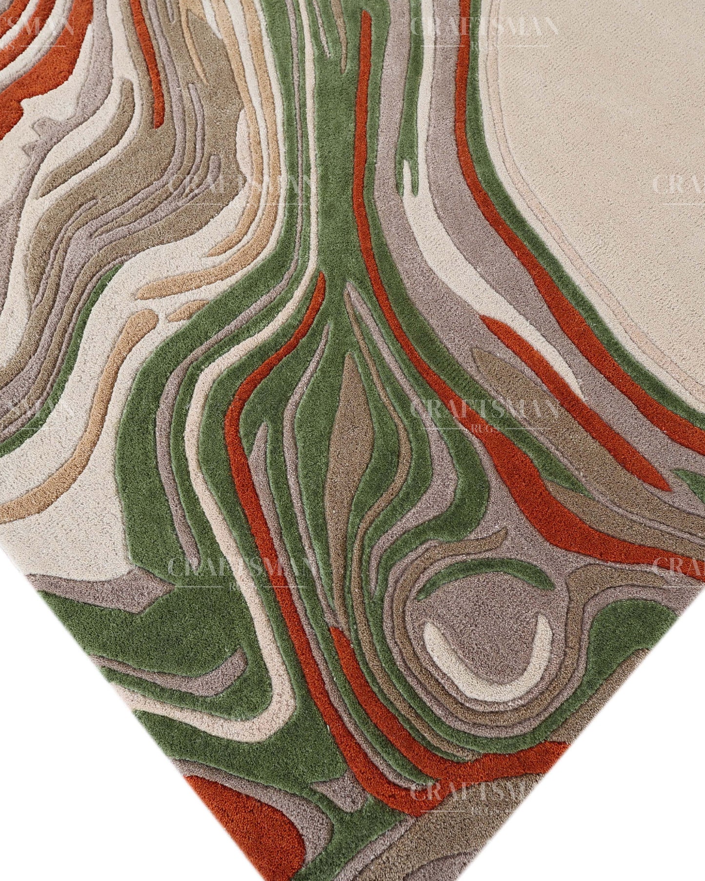 Hand Tufted Modern Abstract Wool Area Rug – Contemporary Handmade Living Room Carpet in Ivory, Green & Rust