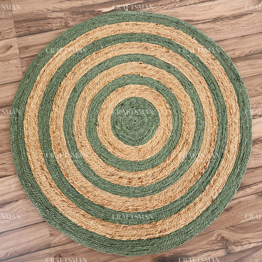 Sagecoast Round Jute Hand-Woven Natural Rug – Green Natural Striped Boho Farmhouse Circle Area Carpet for Living Room Bedroom Entryway