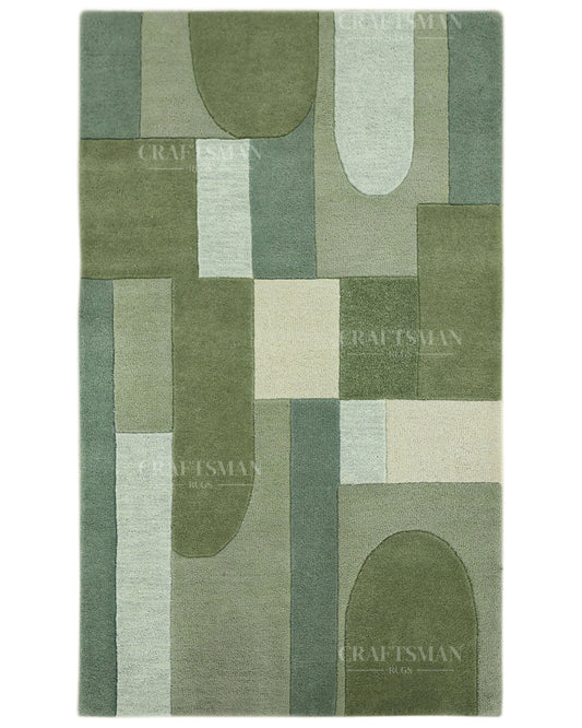 Modern Abstract Hand Tufted Wool Area Rug – Sage Green & Olive Geometric Carpet for Living Room, Bedroom & Dining Room