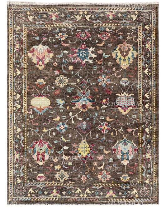Hand Knotted Vintage Persian Oushak Style Floral Rug – Brown Multicolor Wool Area Rug