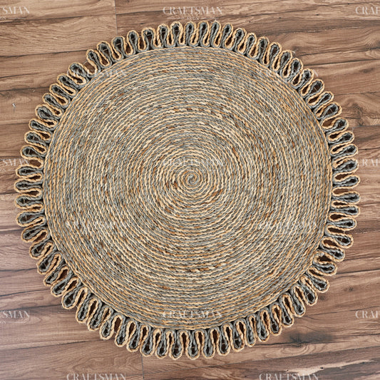 Stormhaven Round Jute Hand-Woven Natural Rug – Gray Natural Braided Loop Border Boho Farmhouse Circle Area Carpet for Living Room Bedroom Entryway Decor