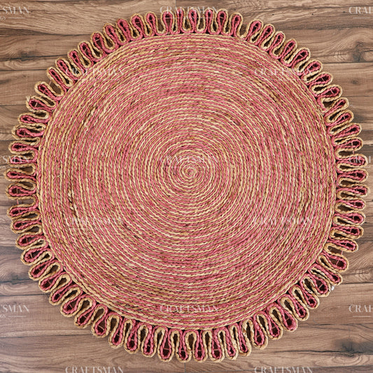 Rosabelle Round Jute Hand-Woven Natural Rug – Pink Natural Braided Loop Border Boho Farmhouse Circle Area Carpet for Living Room Bedroom Nursery Entryway Decor