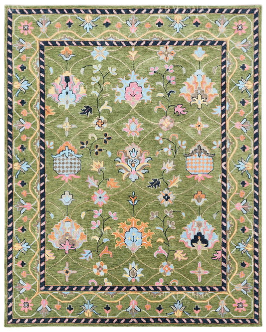 Hand Tufted Floral Wool Rug, Green Vintage Botanical Area Rug, Persian Inspired Handmade Rug
