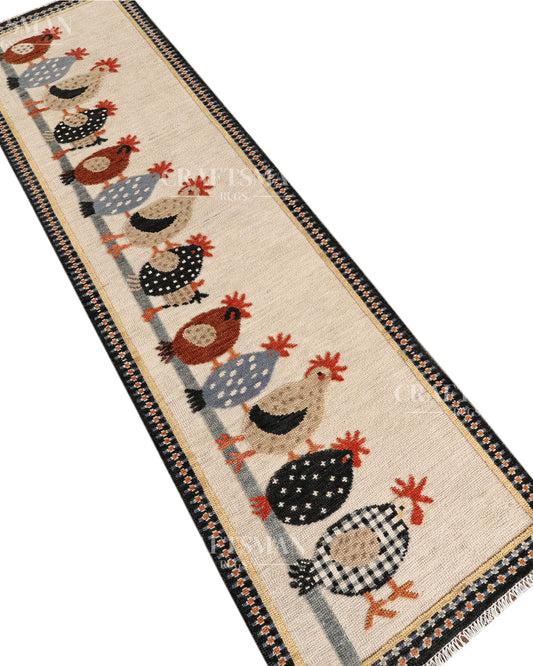 Hand Knotted Wool Chicken Pattern Rug Runner | Farmhouse Rustic Artisan Carpet with Geometric Border | Handmade Hallway Runner Rug