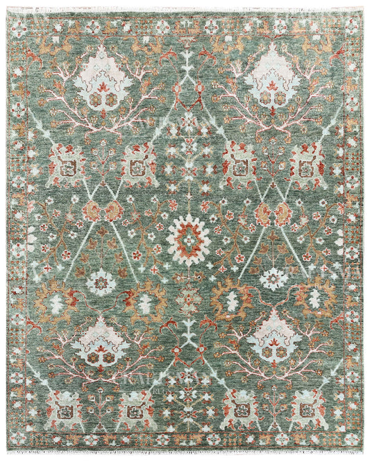 Vintage Sage Green Hand Knotted Wool Rug | Traditional Floral Oriental Area Rug for Living Room, Bedroom & Dining Room
