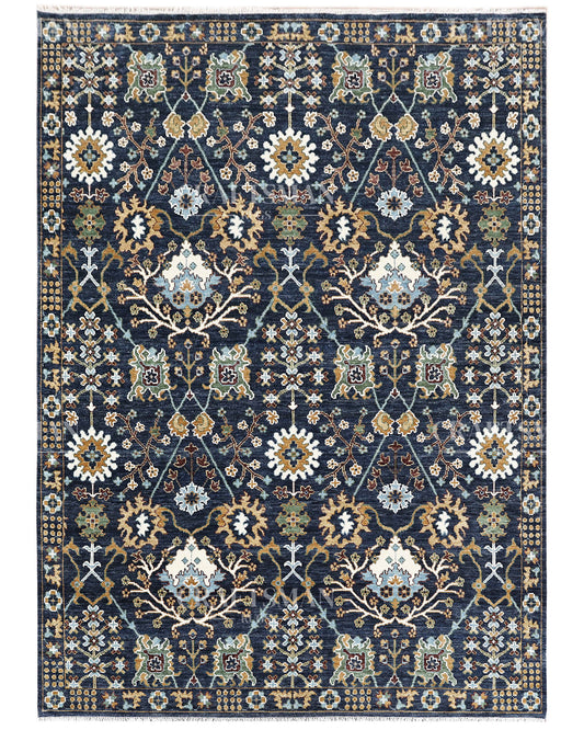 Navy Blue Hand Knotted Wool Rug | Traditional Oriental Floral Area Rug | Luxury Vintage Persian Style Carpet for Living Room & Bedroom