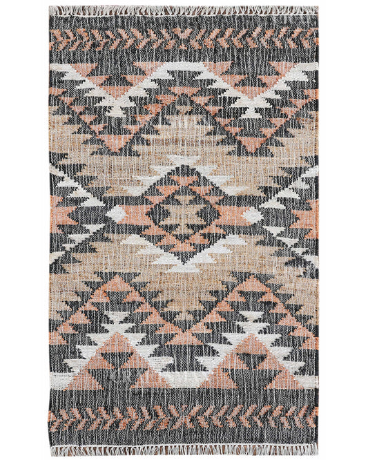 Tribalterra Jute Hand-Woven Natural Rug – Black Beige Peach Geometric Boho Farmhouse Area Carpet with Fringe