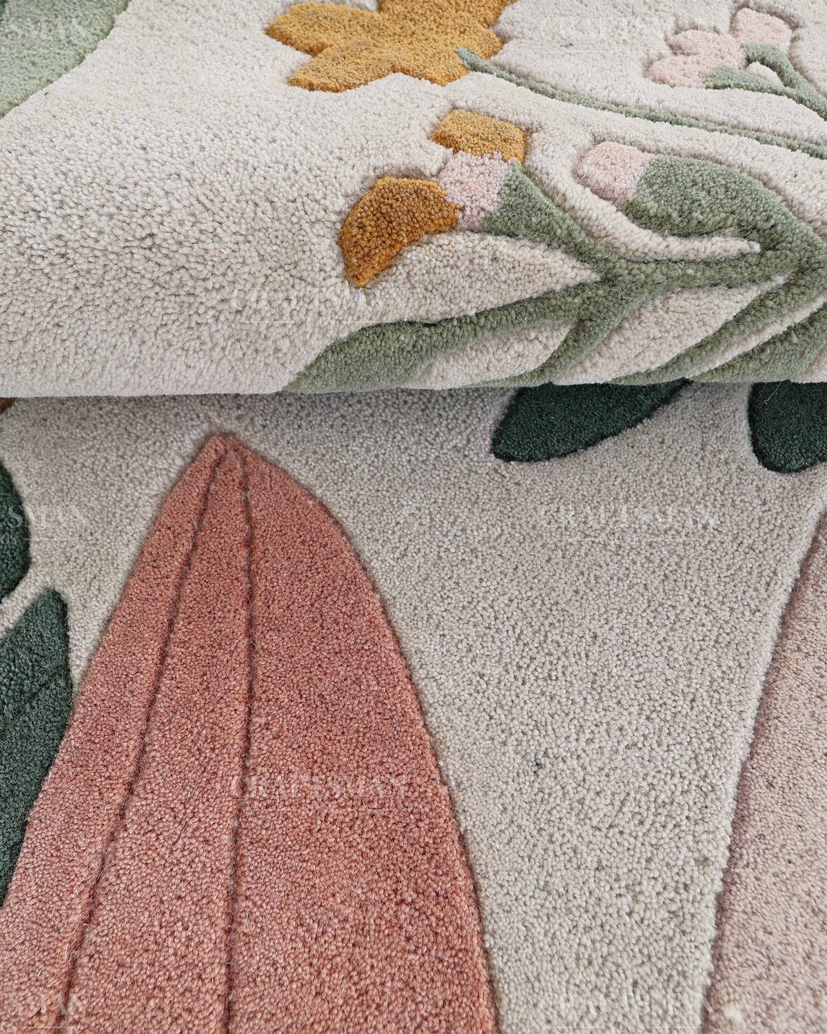 Modern Botanical Area Rug, Abstract Leaf Pattern Carpet, Sage Green Terracotta Pink Floral Rug, Contemporary Nature Inspired Home Decor