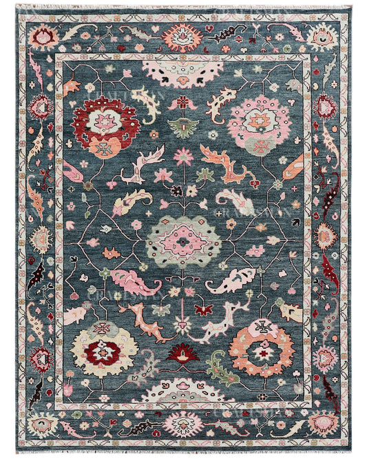 Hand Knotted Oushak Rug – Blue & Pink Vintage Floral Wool Area Rug | Traditional Turkish Inspired Living Room Carpet