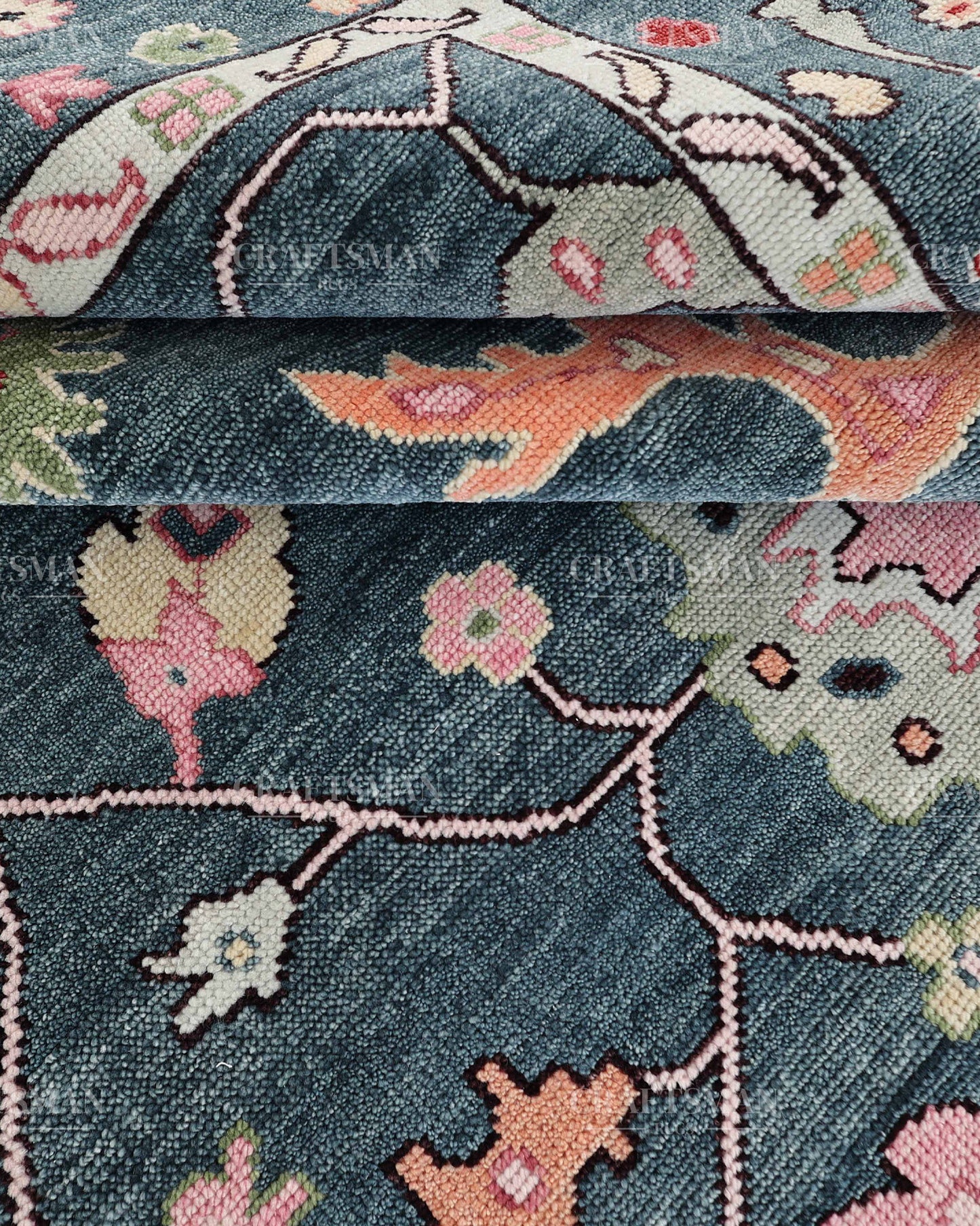 Hand Knotted Oushak Rug – Blue & Pink Vintage Floral Wool Area Rug | Traditional Turkish Inspired Living Room Carpet