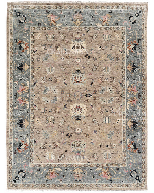 Hand Knotted Oushak Area Rug – Handmade Wool Traditional Floral Carpet in Beige & Blue – Luxury Vintage Style Rug for Living Room & Bedroom