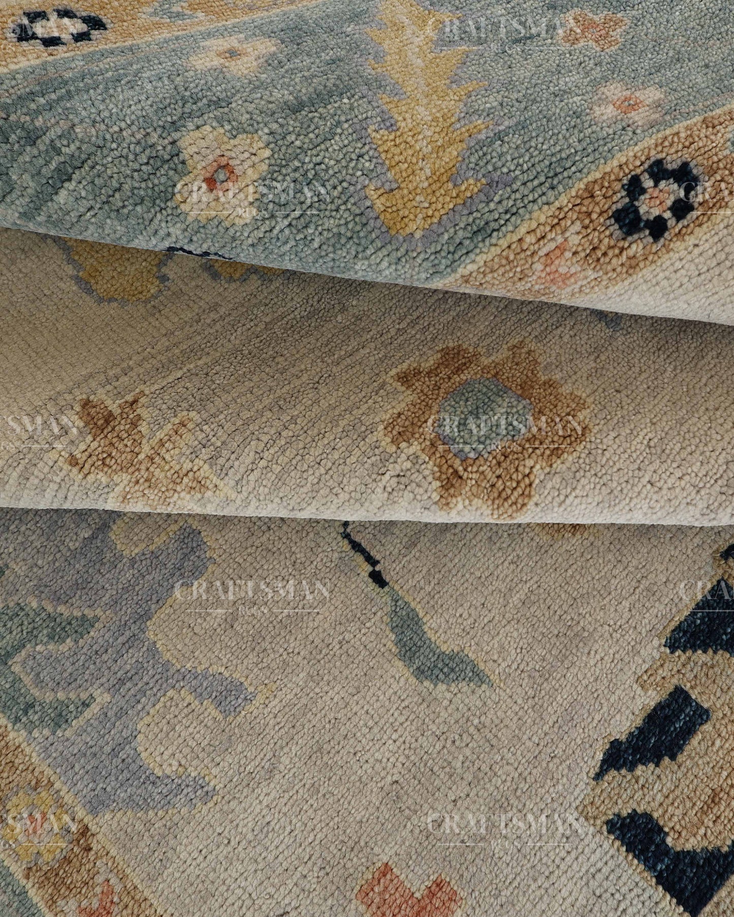 Hand Tufted Oushak Rug – Handmade Vintage Turkish Wool Area Rug | Modern Abstract Boho Carpet in Ivory, Aqua Blue & Beige