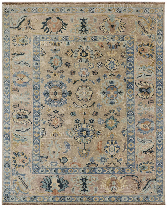 Hand Knotted Oushak Rug – Handmade Vintage Turkish Wool Area Rug | Traditional Floral Oriental Carpet in Beige, Blue & Ivory