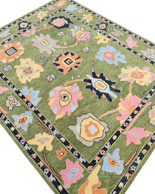 Sage Green Multicolor Floral Area Rug – Vintage Persian Style Hand Tufted Wool Rug for Living Room, Bedroom & Dining Room