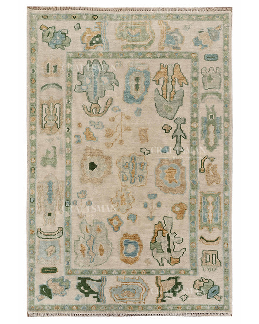 Hand Knotted Oushak Rug – Handmade Abstract Turkish Wool Area Rug | Vintage Organic Boho Carpet in Ivory, Sage Green & Sky Blue