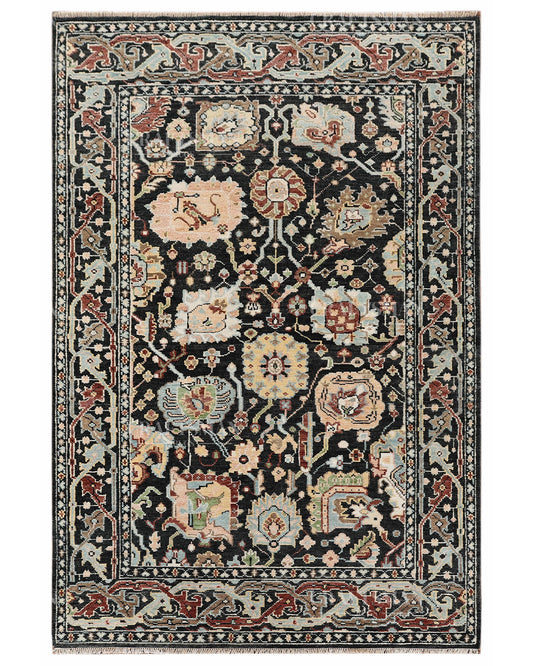 Hand Knotted Tabriz Rug – Handmade Persian Wool Area Rug | Vintage Floral Oriental Carpet in Black, Ivory & Rust
