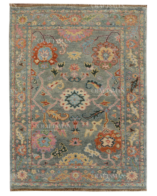 Hand Knotted Oushak Rug – Handmade Vintage Turkish Wool Area Rug | Traditional Floral Oriental Carpet in Sage Green, Blue & Rust