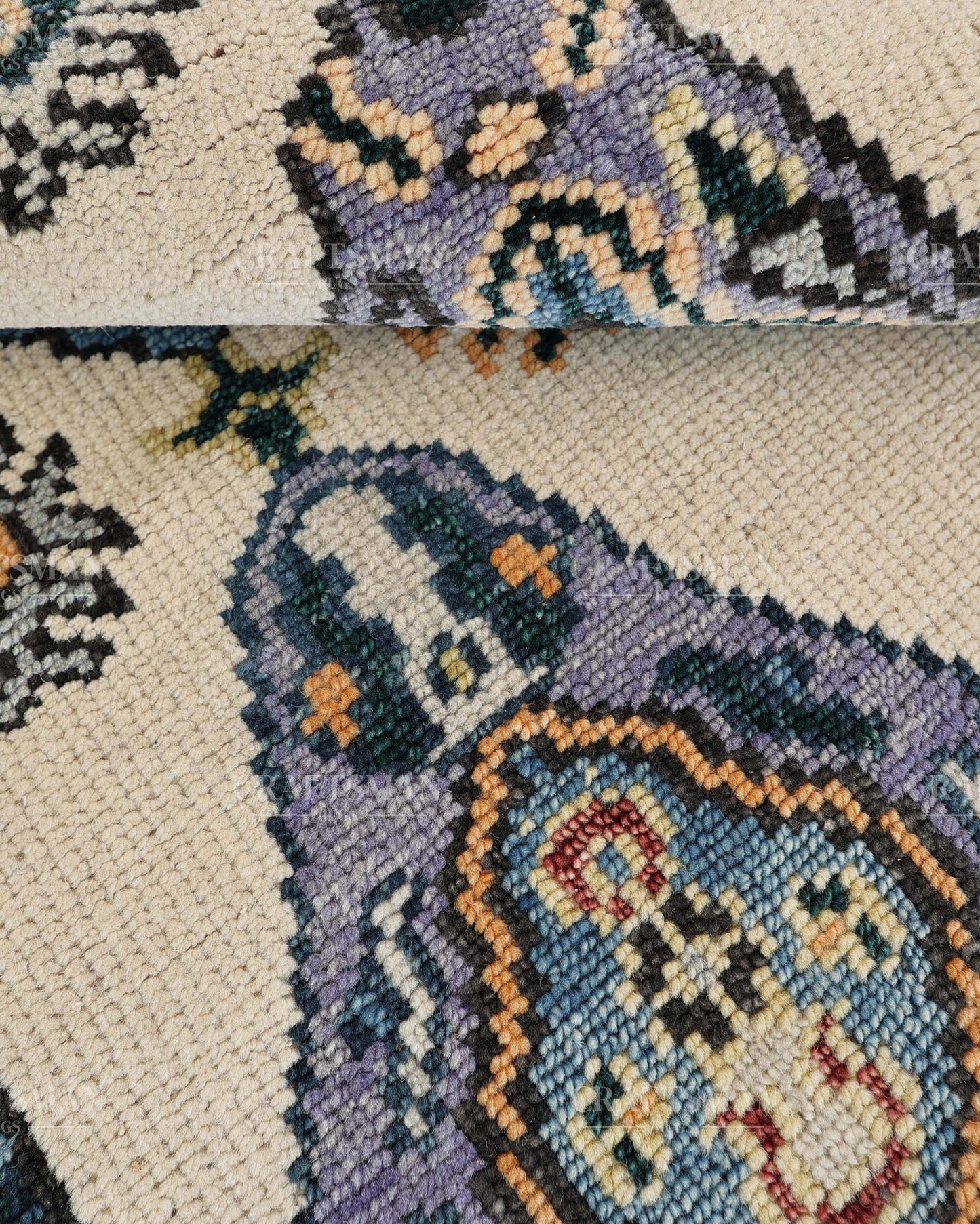 Hand Tufted Oushak Rug – Handmade Vintage Turkish Wool Area Rug | Traditional Floral Medallion Carpet in Ivory, Blue & Lavender