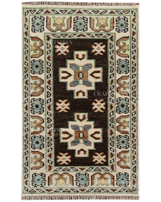 Hand Knotted Oushak Rug – Handmade Geometric Wool Area Rug | Vintage Turkish Accent Carpet in Black, Ivory, Sage Green & Blue