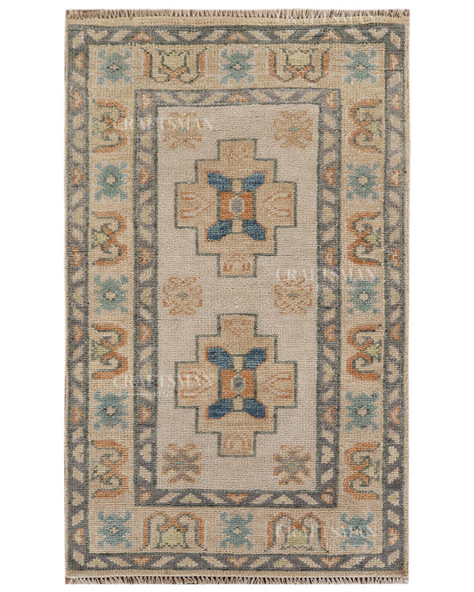 Hand Knotted Oushak Rug – Handmade Geometric Wool Area Rug | Vintage Turkish Accent Carpet in Ivory, Blue & Rust