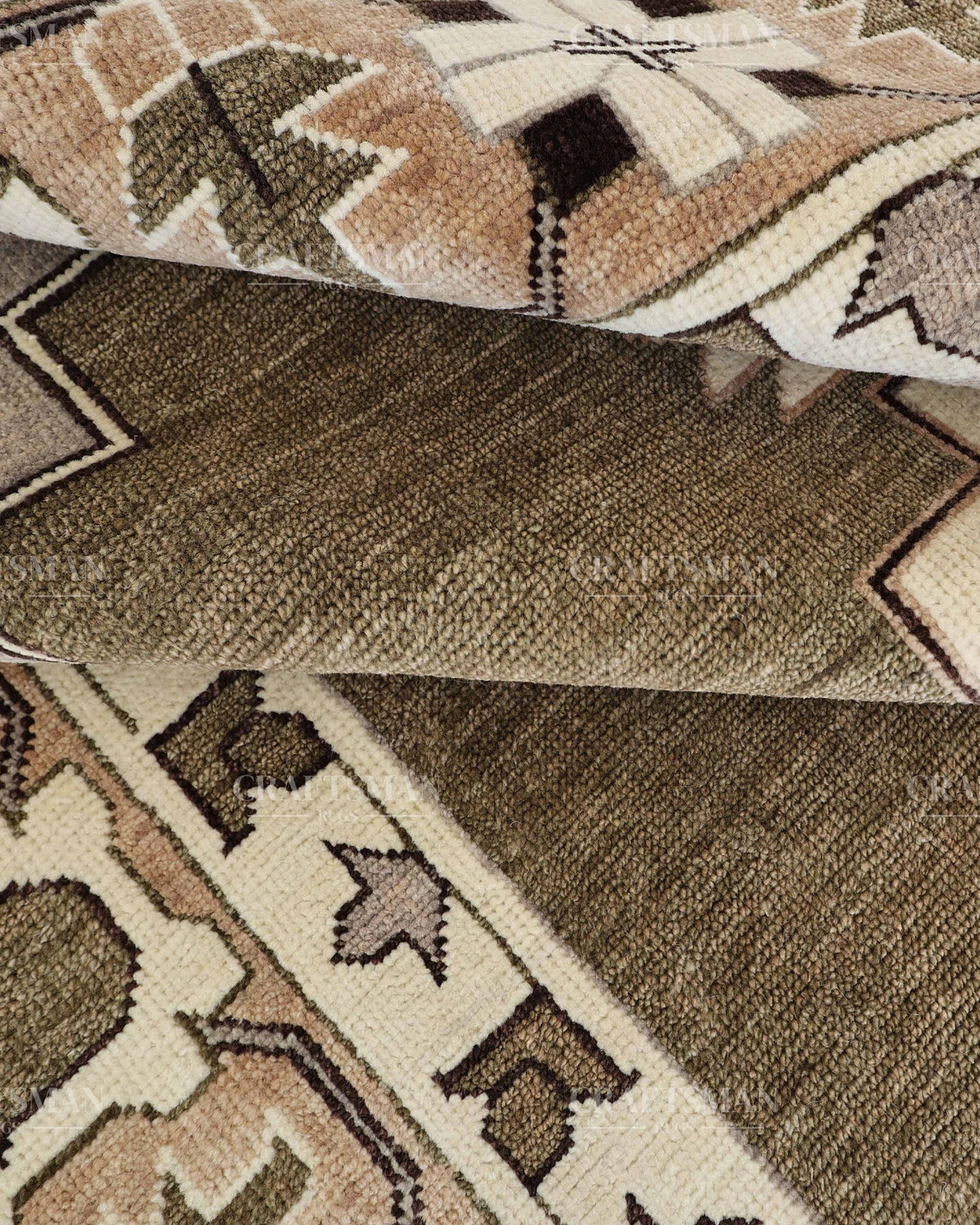 Hand Knotted Southwestern Wool Rug – Olive Green & Ivory Geometric Area Rug | Handmade Tribal Navajo Style Carpet